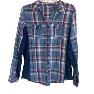 Reba Women’s Shirt Western Style Patriotic Plaid Stretch Sides Front Pockets XL